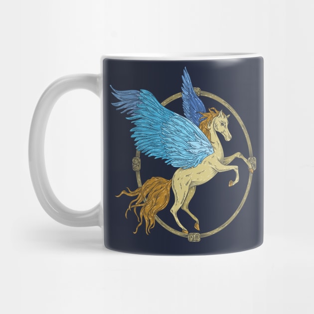 Pegasus with blue wings in a wooden frame by PinataFoundry